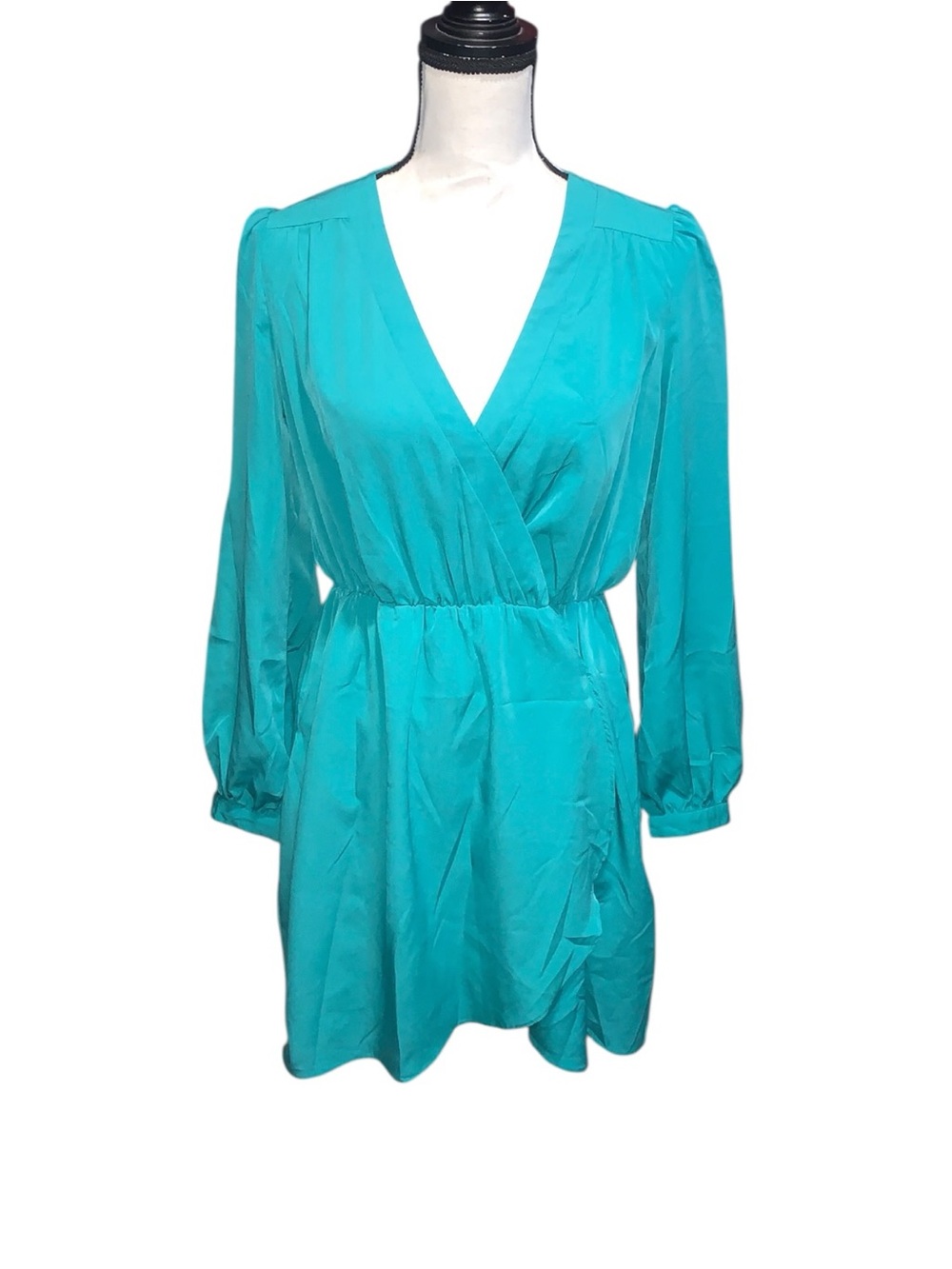 Honey Punch Turquoise Teal Long Sleeve Mini Dress Faux Wrap
